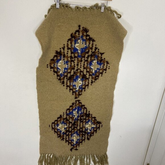 Vintage 70s Boho Tapestry Rug Coverlet Wall Hang Wool Tan - Picture 5 of 5